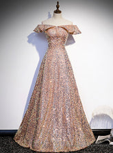 Champagne Gold Sequins Off the Shoulder Prom Dress